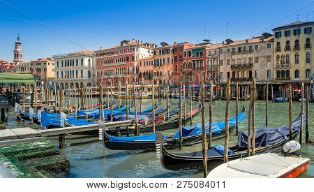 Gondolas - Traditional Venice Water Transport - Popula Touristic Attraction. Veneto, Italy.