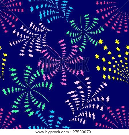 Seamless Vector Drawing Of Multicolored Fireworks. Multicolored Fireworks. On Blue Background.