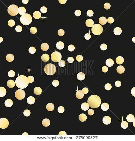 Seamless Background Of Golden Confetti And Stars On Black Background. Festive Vector Pattern.