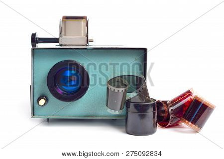 Vintage Slide Projector Is An Opto-mechanical Device For Showing Photographic Slides. Isolated On Wh