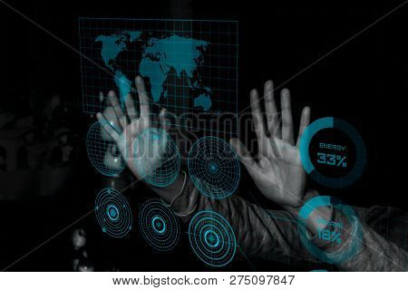 Female Hands Control The Hologram Patterns In The Dark. Manage Augmented Reality With Gestures. Augm