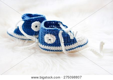 Little Baby Shoes. Handknitted First Sneakers For Newborn Boy Or