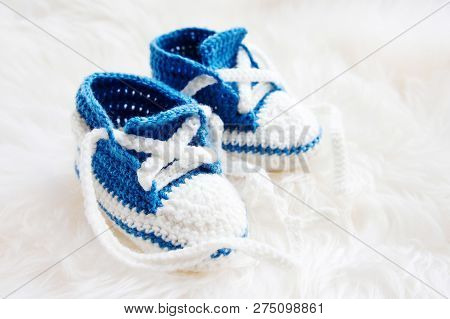 Little Baby Shoes. Handknitted First Sneakers For Newborn Boy Or
