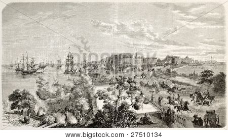 Kolkata: pier og bybilledet gamle Se fra customhouse. Lavet af Schoeft, offentliggjort på L'Illust