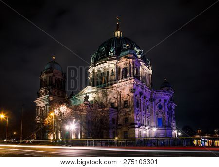 Illuminated Neo-Renaissance Berlin Cathedral (Berliner Dom) or Evangelical Supreme Parish and Collegiate Church at night on Museum Island in the Mitte borough of Central Berlin, Germany