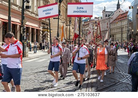 Prague, Czech Republic - July 1, 2018: People Parading At Sokolsky Slet, A Once-every-six-years Gath