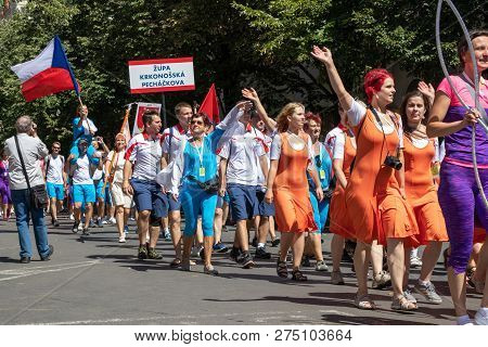 Prague, Czech Republic - July 1, 2018: People Parading At Sokolsky Slet, A Once-every-six-years Gath