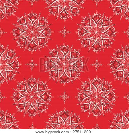 Mandala With Red Floral Pattern On Red Background