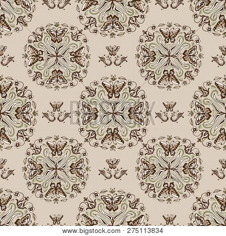 Butterfly Mandala Floral Pattern On Beige Tile