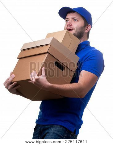 Image Of Man Courier With Cardboard Boxes On White Empty Background