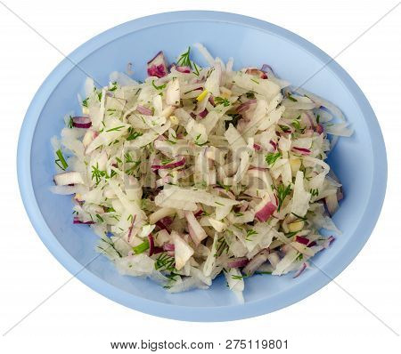 Salad Daikon, Onions And Dil Isolated On White Background. Salad On A Plate . Vegetarian Food