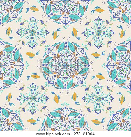 Green Fish Mandala Pattern On A Cream Color Tile