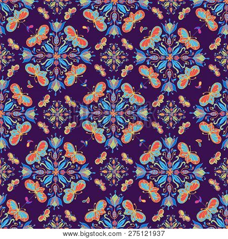 Colorful Butterfly Mandala Pattern On Purple Tile