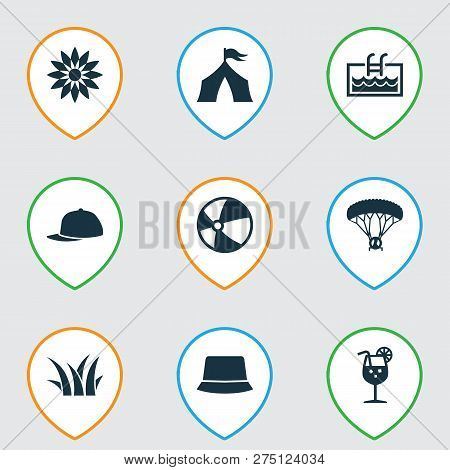 Season Icons Set With Tent, Pool, Flower And Other Skydiving Elements. Isolated  Illustration Season