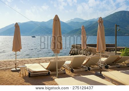 Summer Beach Vacation.  Montenegro, Adriatic Sea, View Of Bay Of Kotor Near Tivat City