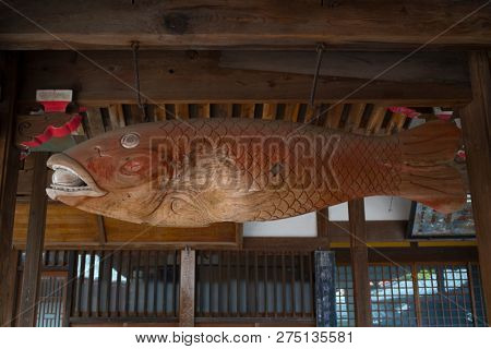 Nagasaki, Japan - October 24, 2018: Gyoban wooden fish percussion instrument in Sofukuji Temple, Nagasaki, Japan  