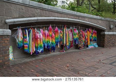 Nagasaki, Japan - October 23, 2018: Origami paper cranes representing peace, at Atomic Bomb Hypocenter, Nagasaki. Japan  