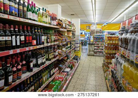 DUSSELDORF, GERMANY - CIRCA SEPTEMBER, 2018: interior shot of Netto supermarket in Dusseldorf.