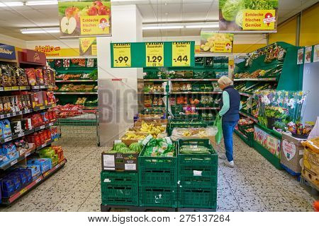DUSSELDORF, GERMANY - CIRCA SEPTEMBER, 2018: interior shot of Netto supermarket in Dusseldorf.