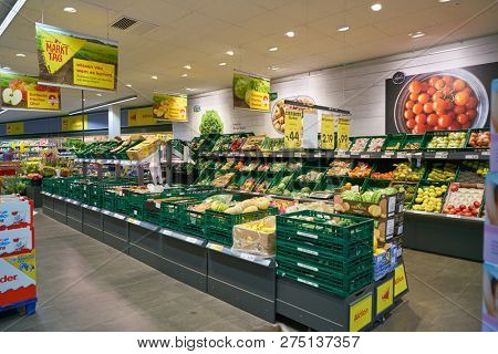 DUSSELDORF, GERMANY - CIRCA SEPTEMBER, 2018: interior shot of Netto supermarket in Dusseldorf.