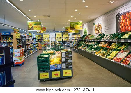 DUSSELDORF, GERMANY - CIRCA SEPTEMBER, 2018: interior shot of Netto supermarket in Dusseldorf.