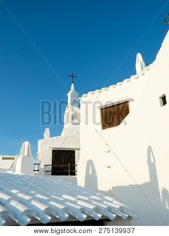 View Of A Typical Church With White Walls And Roof Of The Fishing Village Binibeca Menorca Spain