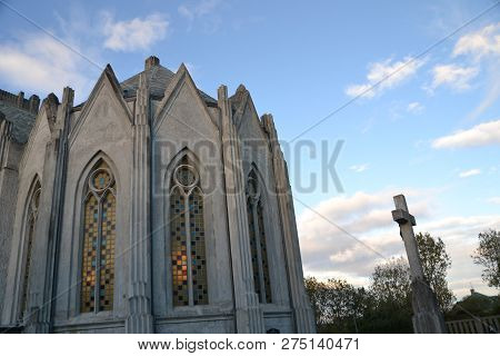 Landakotskirkja Catholic Church At Sunset In Reykjavik, Iceland