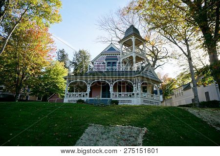 Bay View, Michigan / United States - October 17, 2017: An Elegant Victorian Summer Cottage, With A W