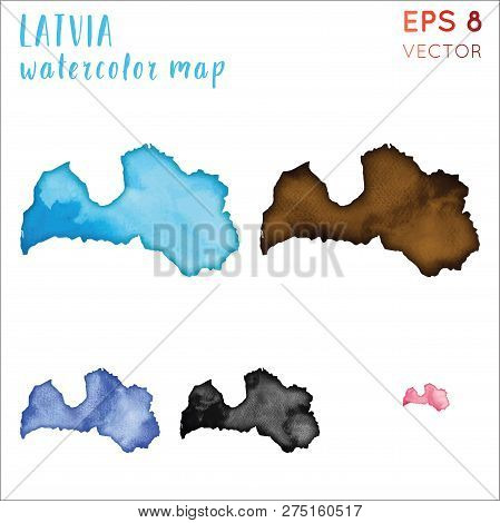 Latvia Watercolor Country Map. Handpainted Watercolor Latvia Map Set. Vector Illustration.