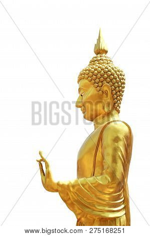 Buddha Golden Standing, Statue Of The Buddha Stand Beautiful Gold Isolated On White Background