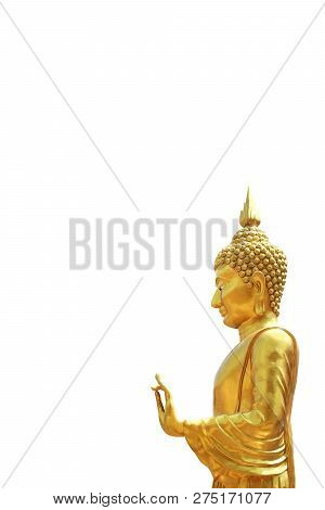 Buddha Golden Standing, Statue Of The Buddha Stand Beautiful Gold Isolated On White Background And C