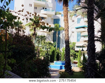 Residential Buildings And Fountain Surrounded With Green Plants In  Rishon Le Zion.
