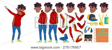 Rap Battle Singer Boy Kid Vector. Schoolboy. Black. Afro American. Animation Child Creation Set. Fac