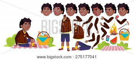 Boy Schoolboy On Picnic Vector. Black. Afro American. Animation Creation Set. Study. Summer Hiking R