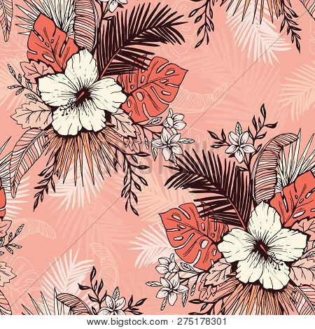 Living Coral Exotic Foliage And Hibiscus Flowers Vector Seamless Pattern. Lush Tropical Palm Leaves 