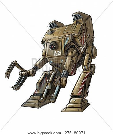 Concept Art Digital Painting Or Illustration Of Science Fiction Bipedal Humanoid Loading Robot Or Ro