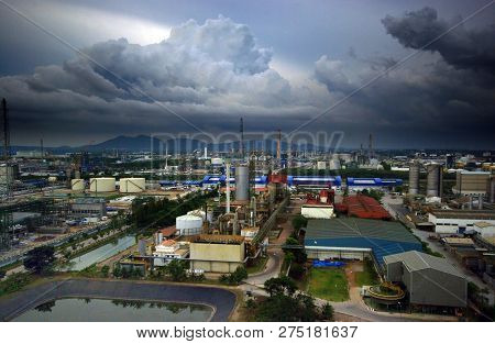 The Under Construction Large Industrial Plant Site In Evening Light