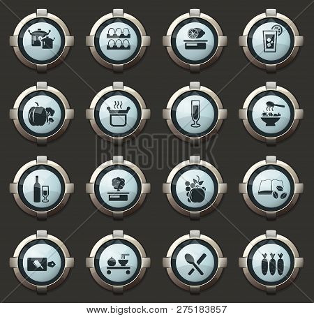Food And Kitchen Vector Icons In The Stylish Round Buttons For Mobile Applications And Web
