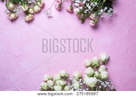 Frame From Fresh White Gypsofila And White Rose Flowers On  Pink Textured Background. Top View. Plac