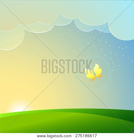 Summer Or Spring Landscape, Blue Sky And Butterfly
