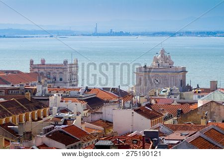 The Commerce Square  In Downtown Lisbon, Portugal At Sunset