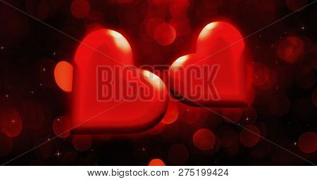 Beautiful Red Heart On Bokeh Abstract Background. Valentines Day Love Card . Wedding Party Flyer Or 