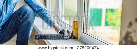 Man In A Blue Shirt Does Window Installation Banner, Long Format
