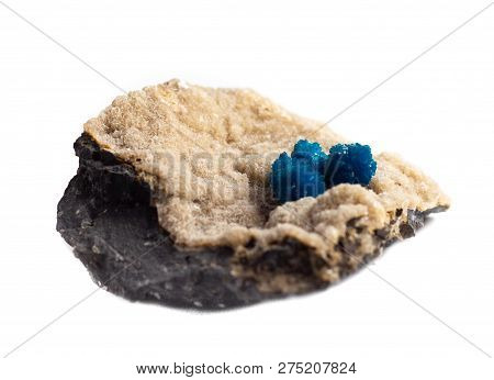 Natural Cluster Blue Cavansite On The Substrate On A White Background Isolated