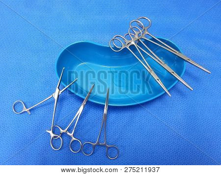 Surgical Instrument. Plastic Blue Kidney Tray And Kocher Forceps