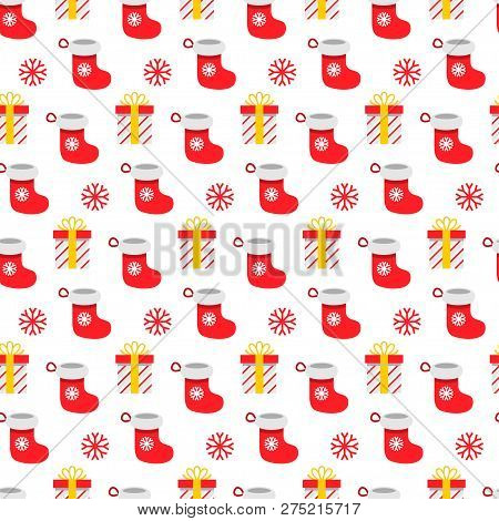 Seamless Pattern Of Christmas Items In Flat Style. Vector Illustration.