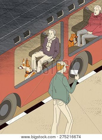 Fragment Of The Bus Body At The Edge Of The Road. A Man In A Cap And Green Jacket With A Paper Ticke