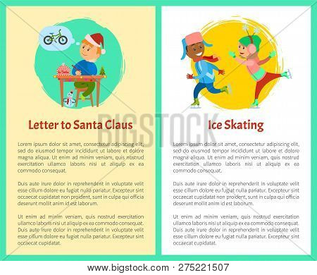 Letter To Santa And Ice Skating Posters With Text Sample. Christmas Holidays, Boy Thinking Of Wish T