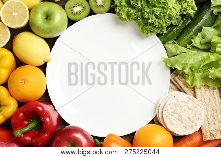 Flat Lay Composition With Healthy Food And Empty Plate, Space For Text. Concept Of Weight Loss
