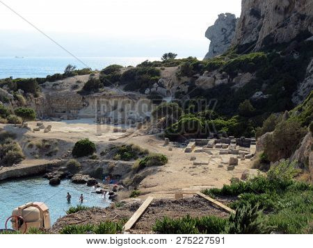 Europe, Greece, Acre Ireo, Amazing Beauty Place, 
Beach On The Background Of The Ruins Of 
The Templ